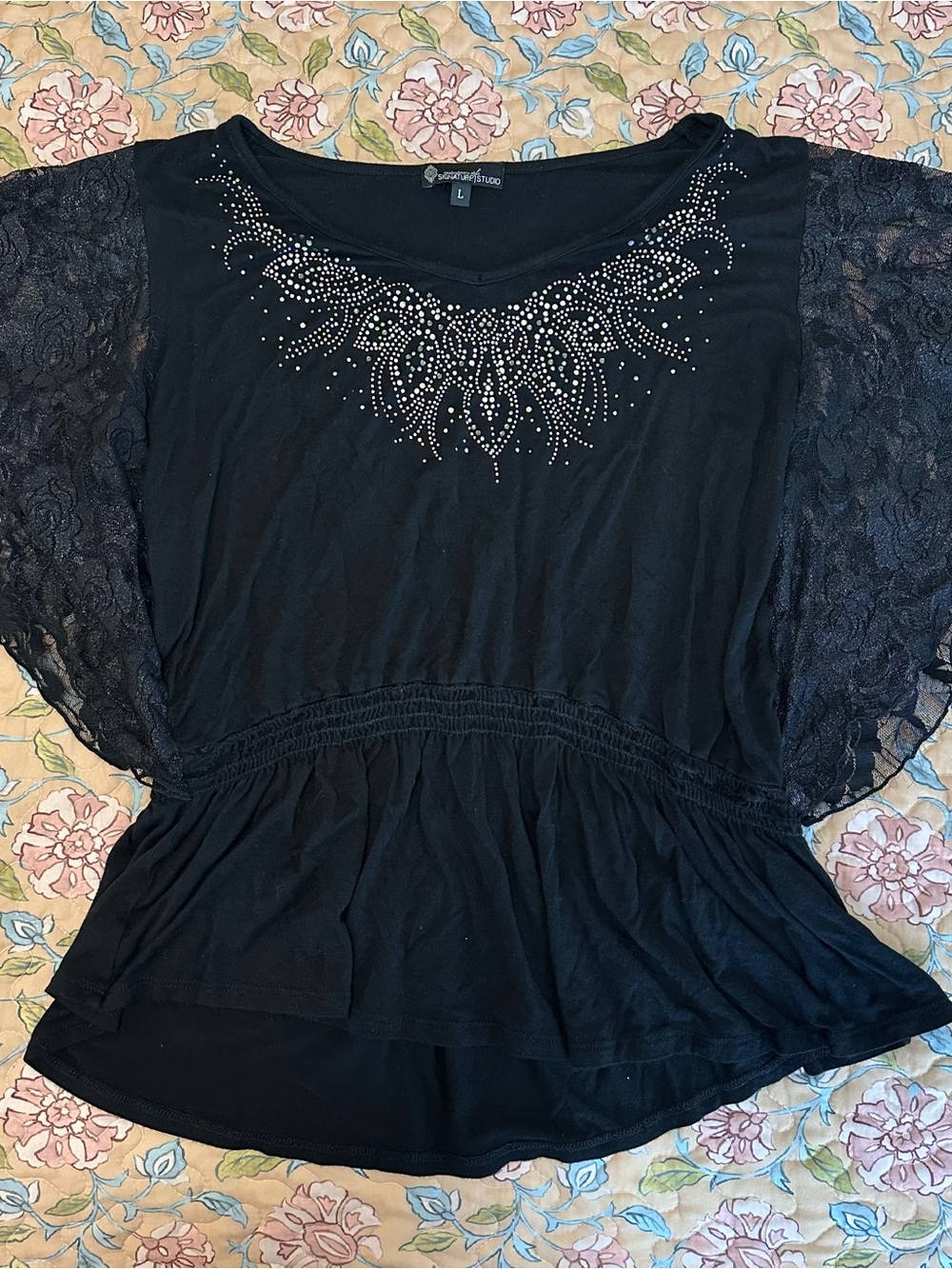 Y2K Made in USA Black Lace-Sleeve Rhinestone Detail Peplum Women’s Top
